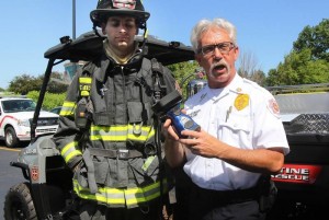 Chief Steingart and FF Schrems demonstrate the thermal imaging camera donated by the Firehouse Subs Public Safety Foundation. 